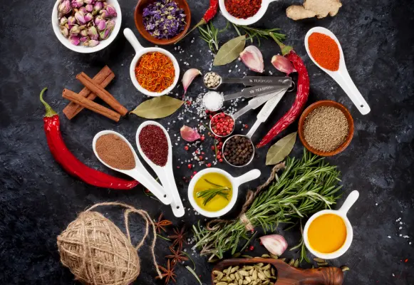 Herbs and spices on a table.